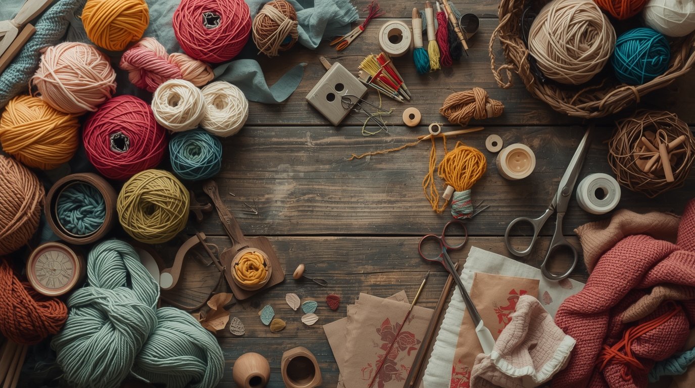 Handmade crafting materials and tools arranged beautifully